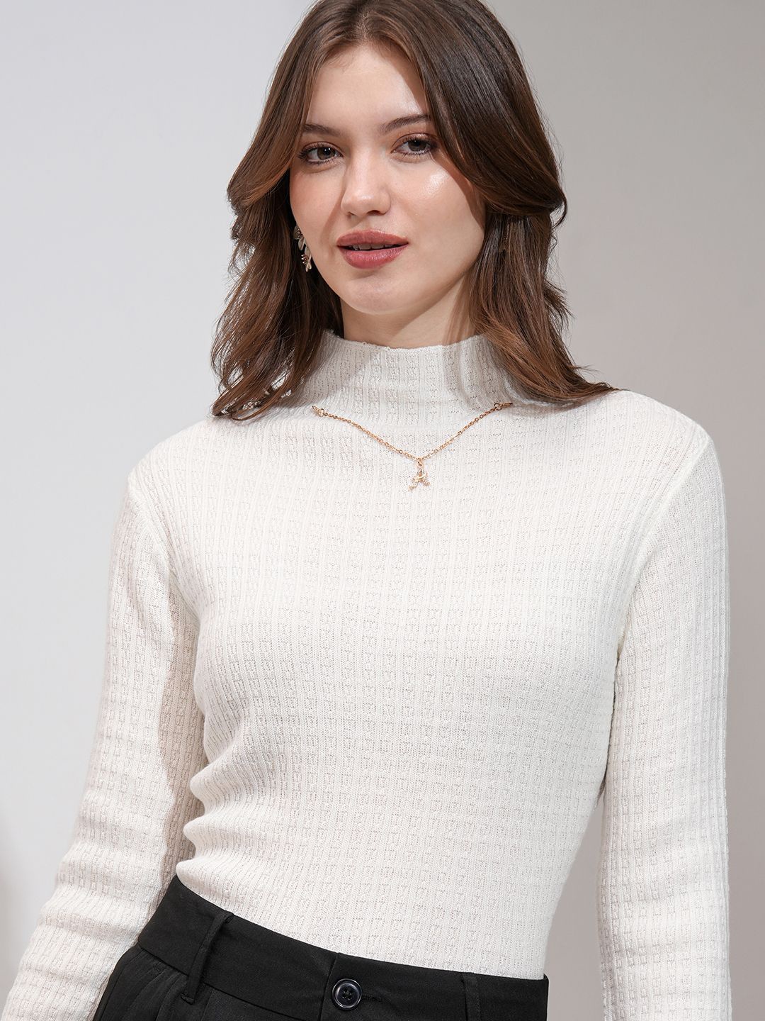 

ESPYR By Tokyo Talkies Women Self Design Turtle Neck Sweater, Off white