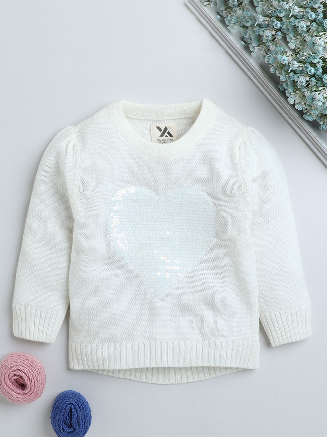 

Yellow Apple Girls Embroidered Woollen Pullover, White