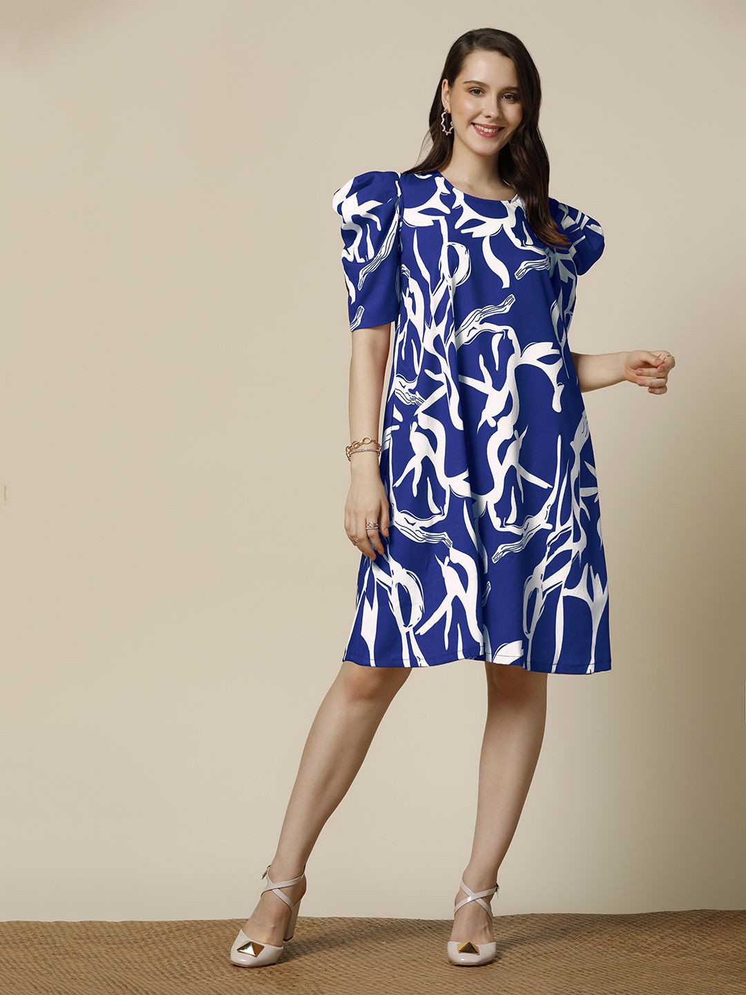 

Moda Rapido Women Print Puff Sleeve A-Line Dress, Blue