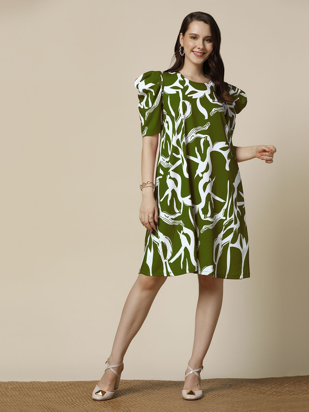 

Moda Rapido Abstract Printed Puff Sleeve Cotton A-Line Dress, Green