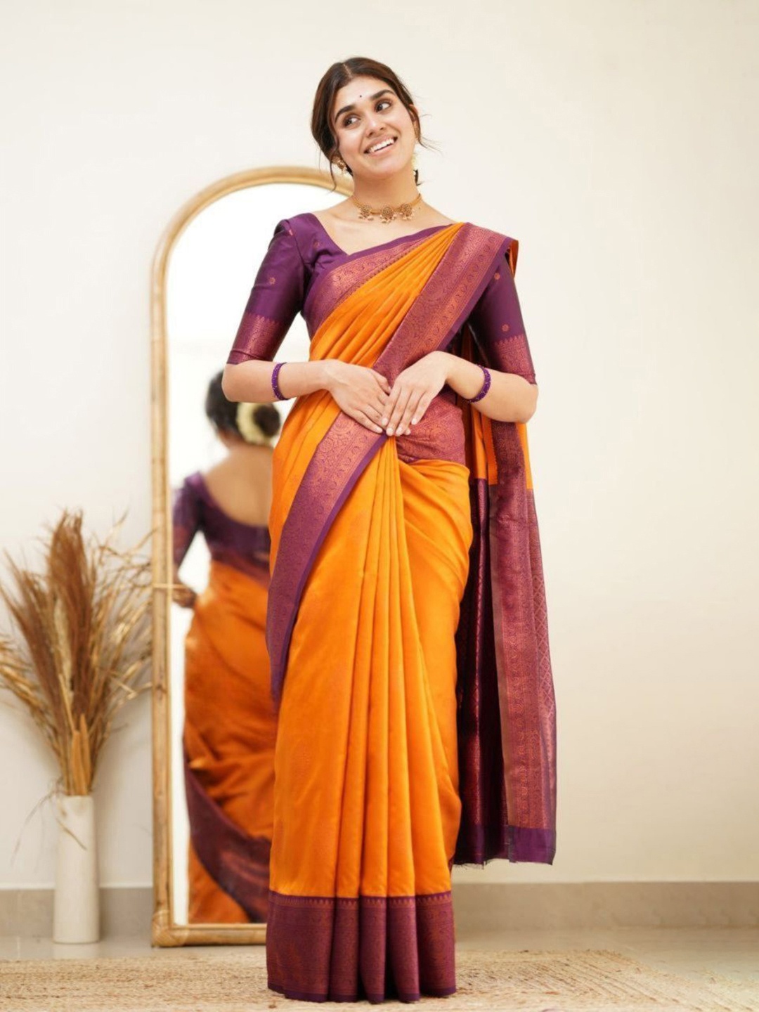 

Fashion Ritmo Woven Design Zari Pure Silk Saree, Mustard