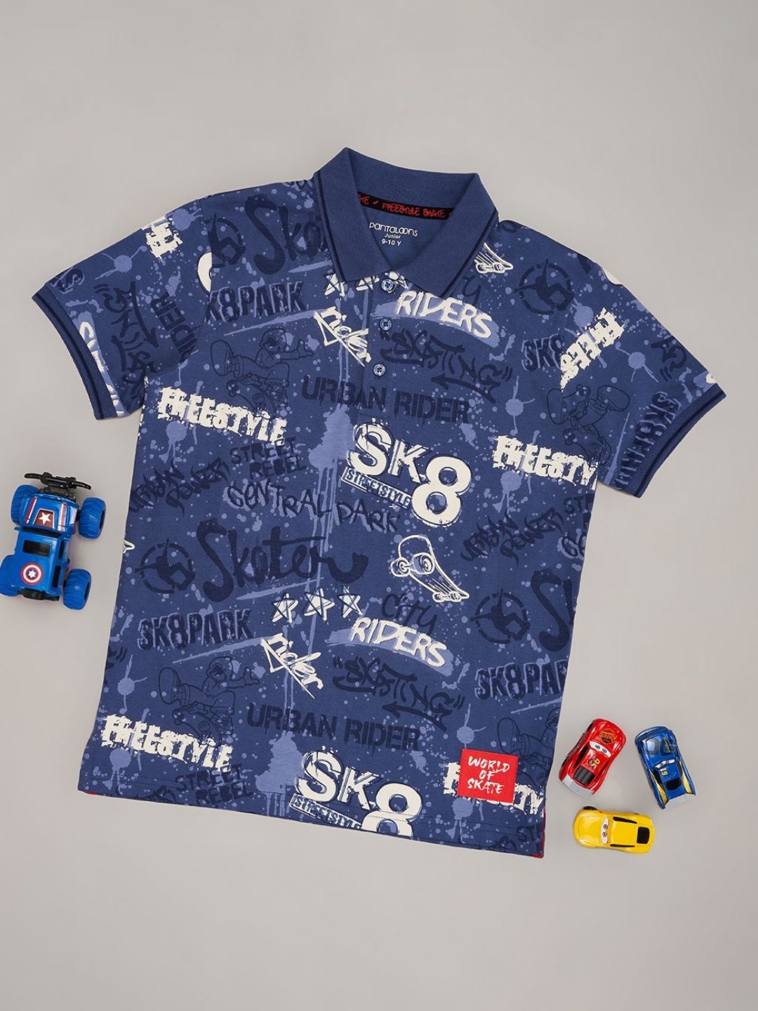 

Pantaloons Junior Boys Typography Printed Polo Collar Cotton T-shirt, Navy blue