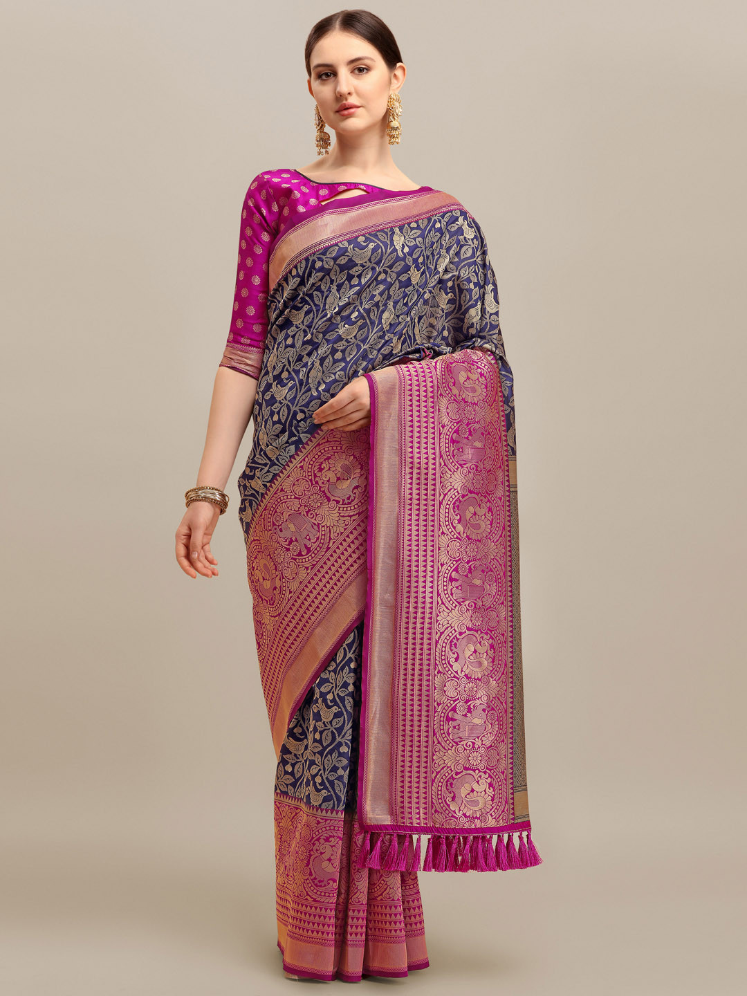 

KAVINDI Woven Design Zari Pure Silk Saree, Navy blue