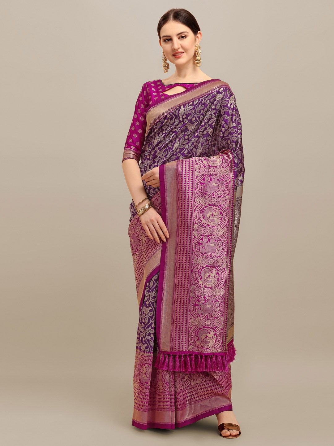 

KAVINDI Ethnic Motifs Zari Pure Silk Saree, Purple