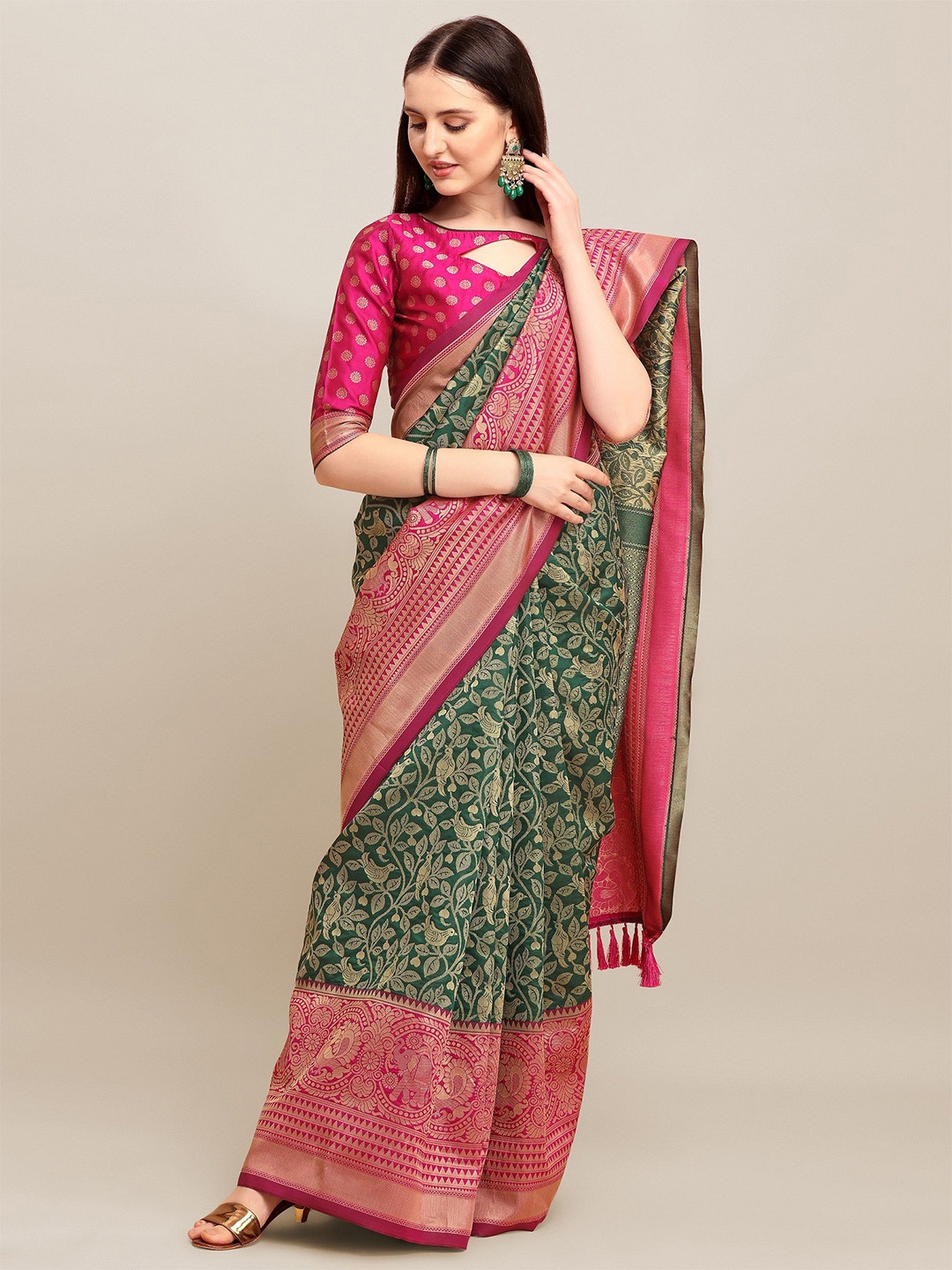 

KAVINDI Woven Design Zari Pure Silk Bagh Saree, Green