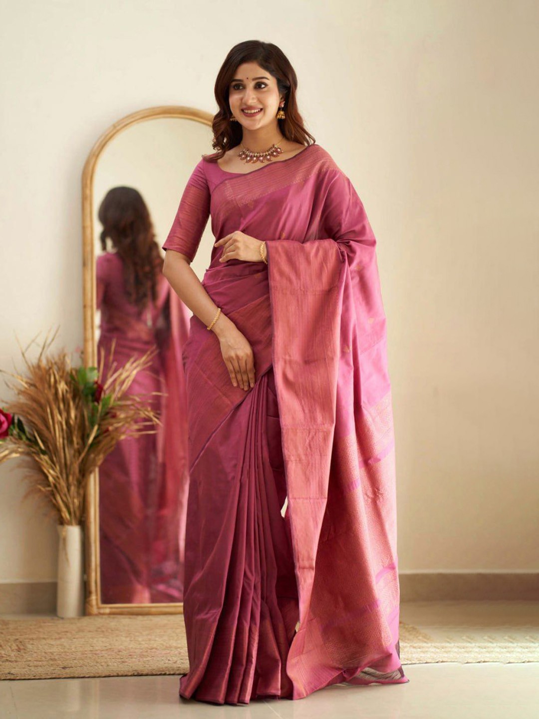 

Fashion Ritmo Woven Design Zari Pure Silk Saree, Pink