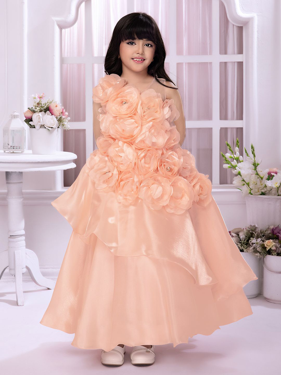

Tiny Kingdom Girls Satin Floral Self Design Gown Dress, Peach