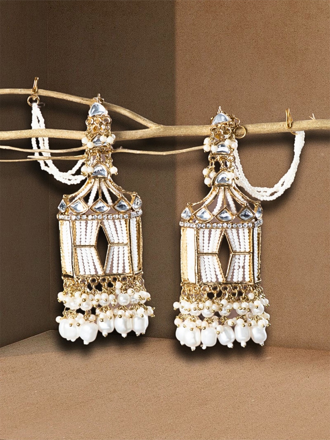 

UnfoldSelf Gold-Plated Geometric Artificial Stones and Beads Alloy Drop Earrings, White