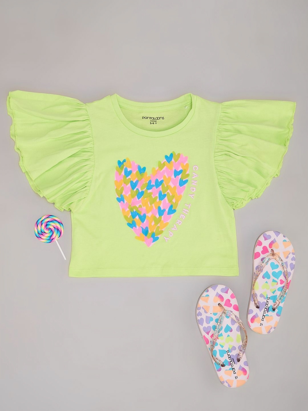

Pantaloons Junior Girls Graphic Printed Flared Sleeves Cotton Casual Top, Green