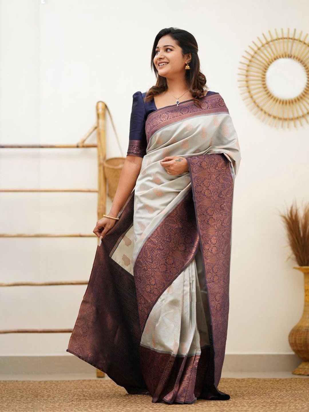 

Fashion Ritmo Woven Design Zari Pure Silk Saree, Grey