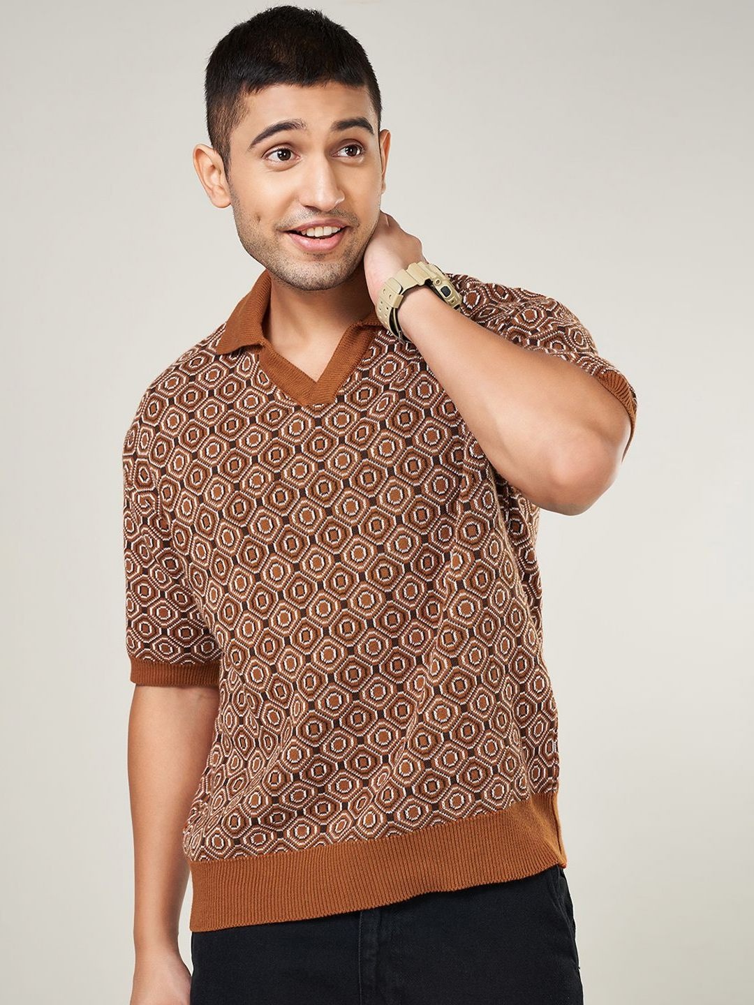 

People Men Geometric Printed Polo Collar Cotton T-shirt, Brown