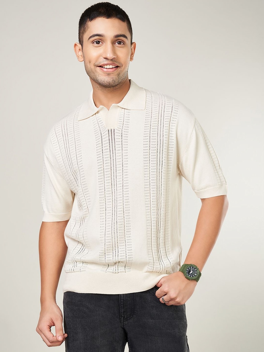

People Men Self Design Polo Collar Cotton T-shirt, Off white