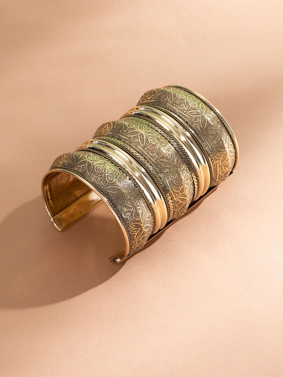

UnfoldSelf Gold-Plated Floral Design Oxidised Afghan Cuff Bracelet