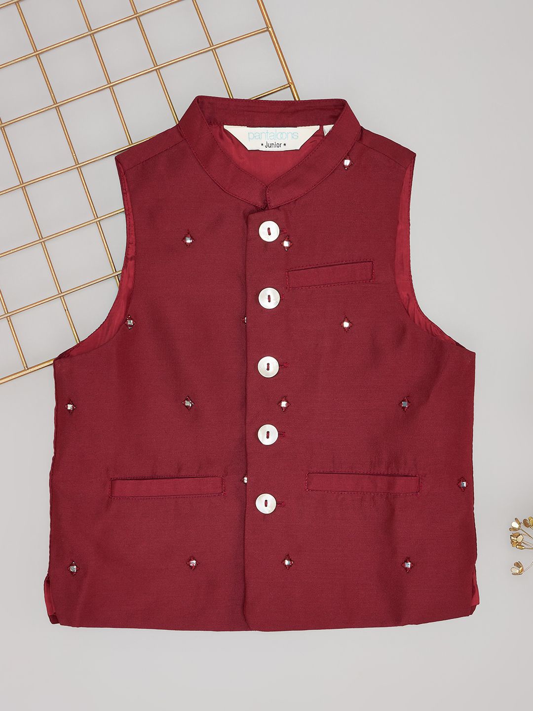 

indus route by Pantaloons Boys Embellished Mandarin Collar Mirror Work Waistcoat, Red