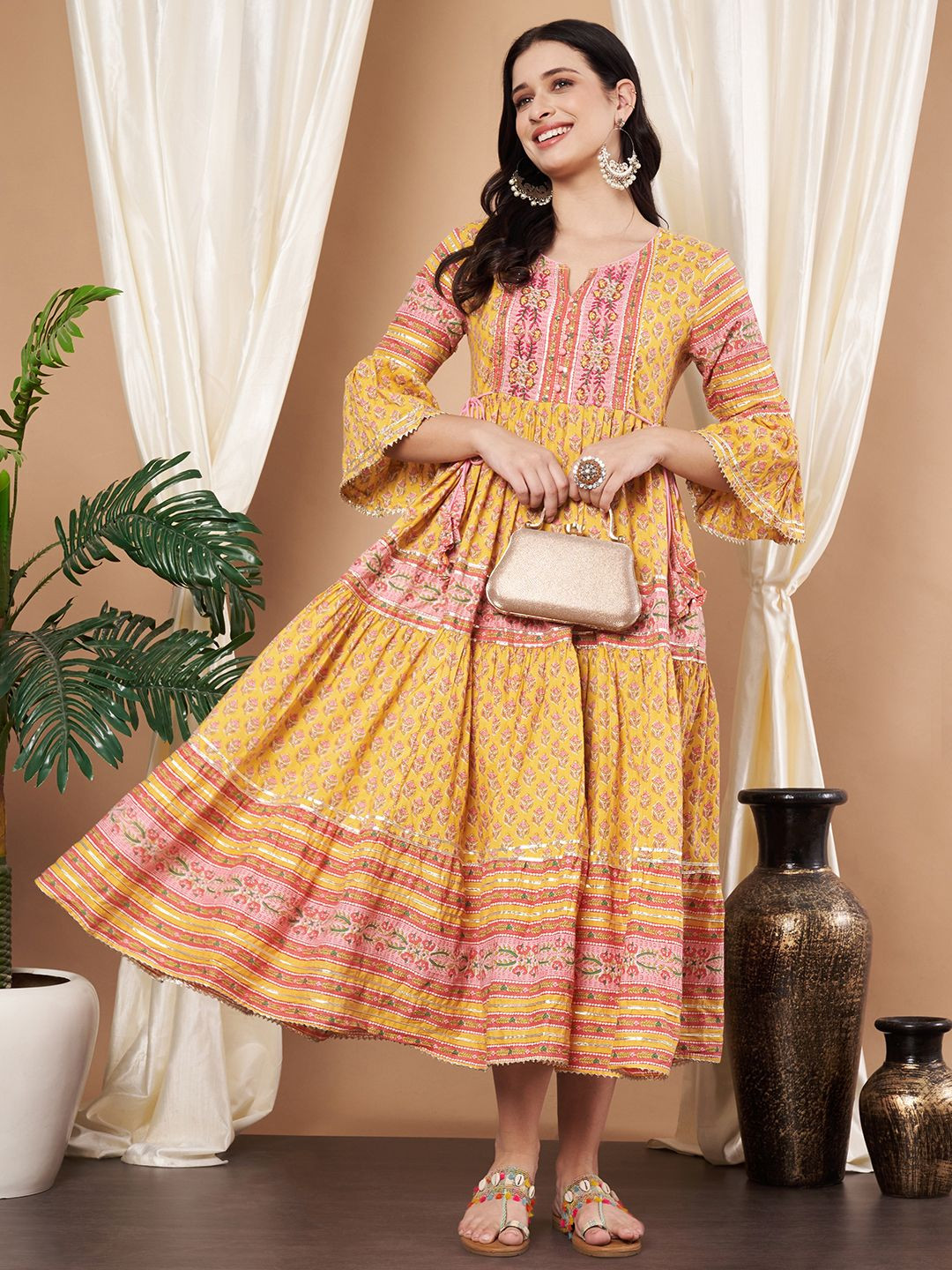 

RANGMAYEE Women Floral Printed Fit and Flare Midi Dress, Yellow