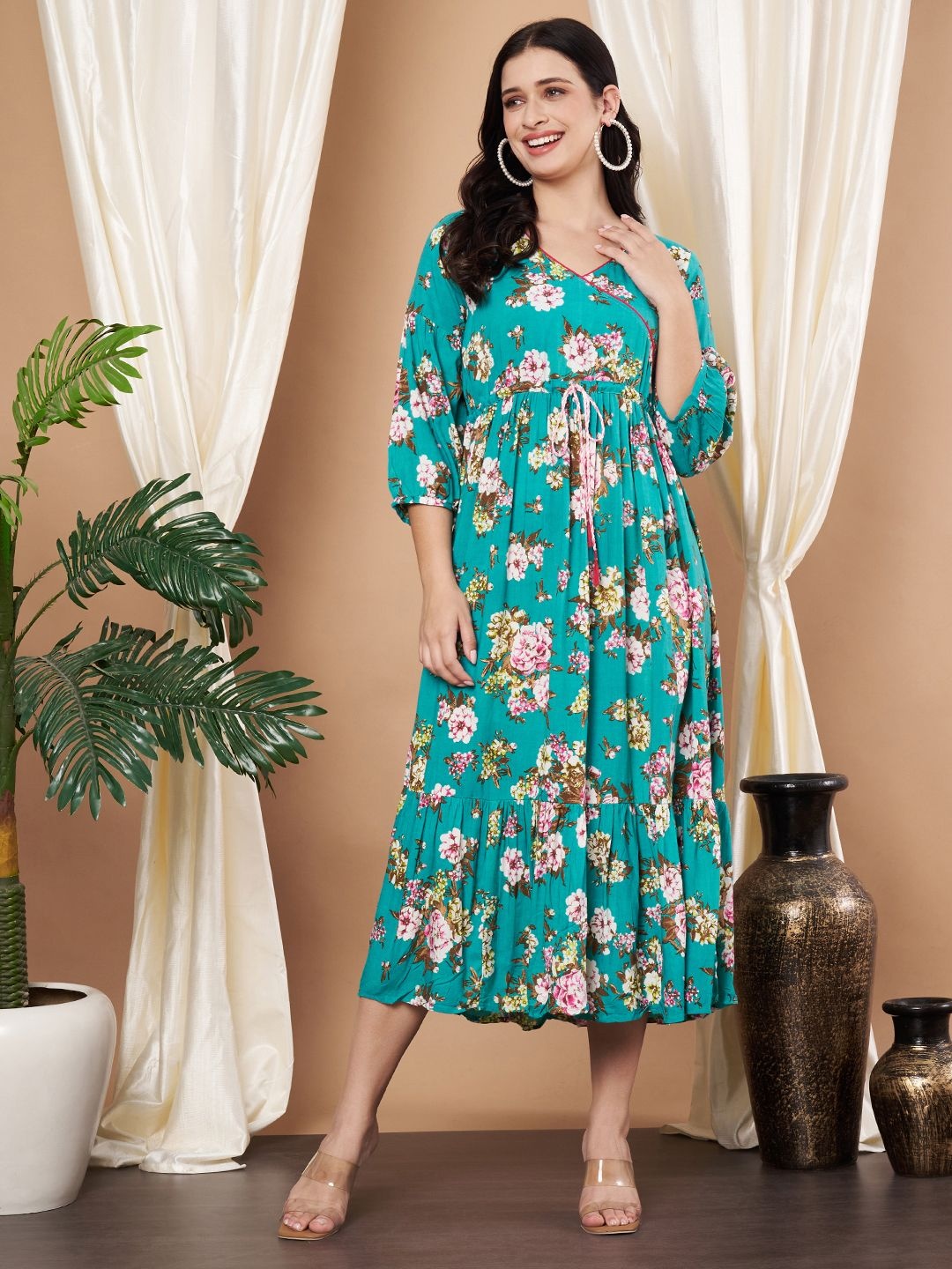 

RANGMAYEE Women Floral Print Fit and Flare Dress, Turquoise blue