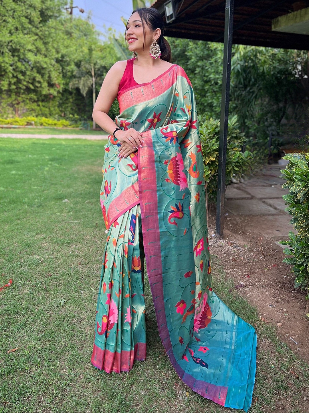 

LeeliPeeri Designer Woven Design Zari Paithani Saree, Turquoise blue