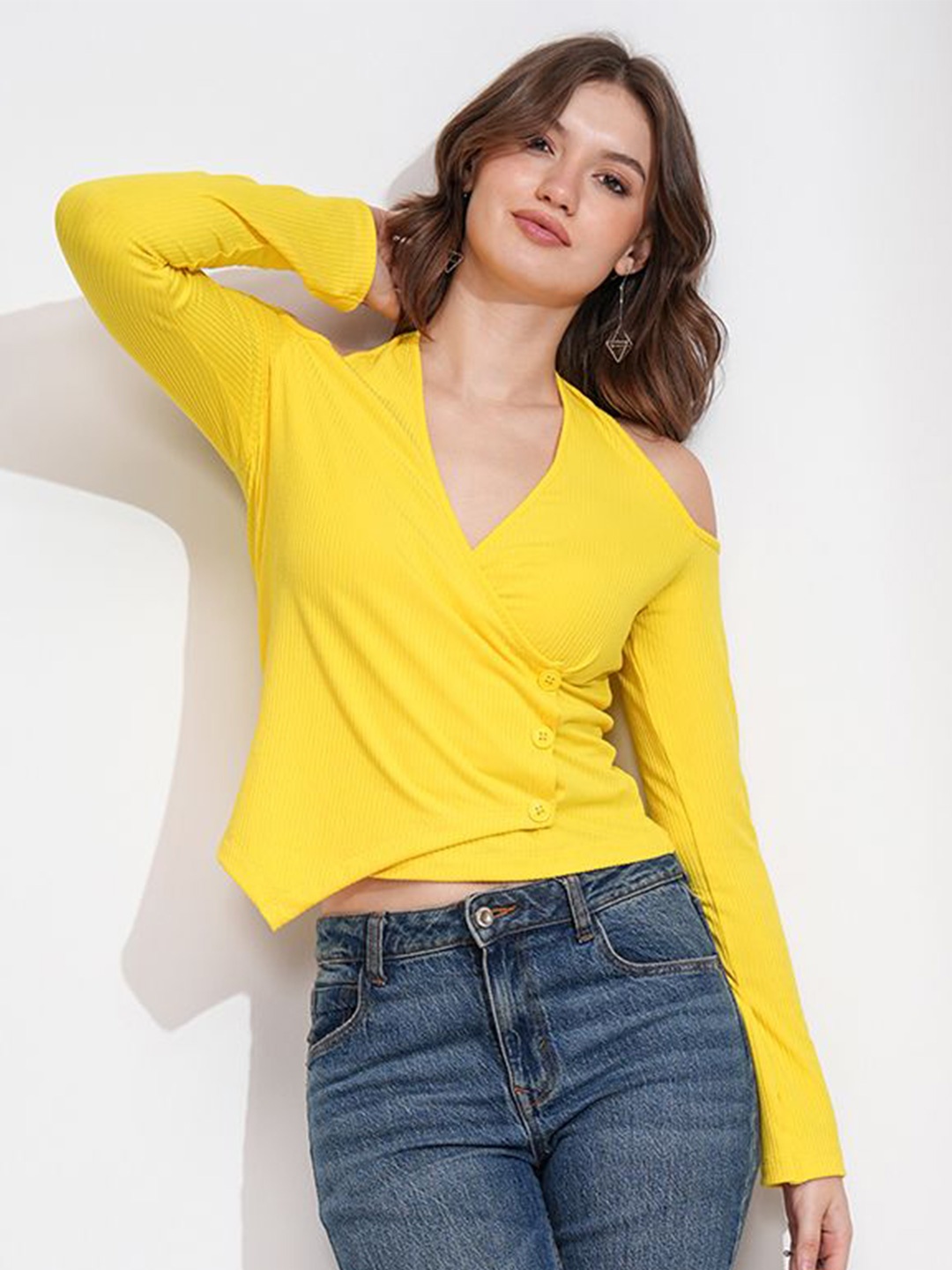 

Tokyo Talkies Women Ribbed Halter Neck Overlap Top, Yellow