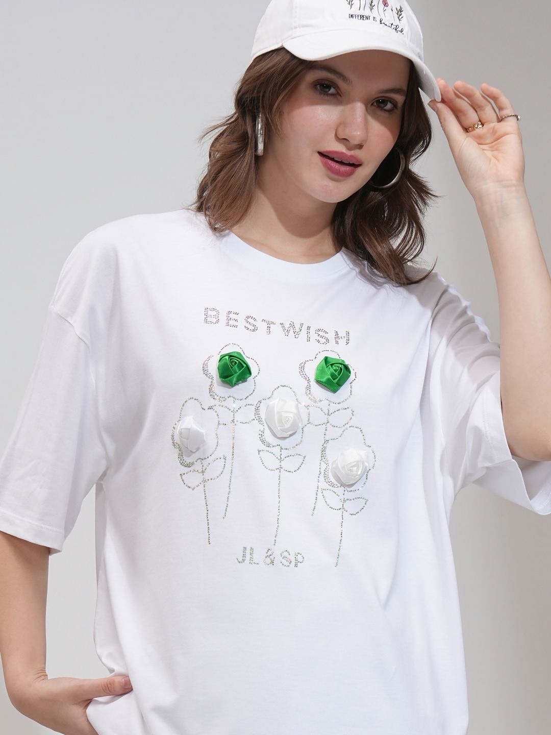 

Tokyo Talkies Women Embellished Oversized T-Shirt, White