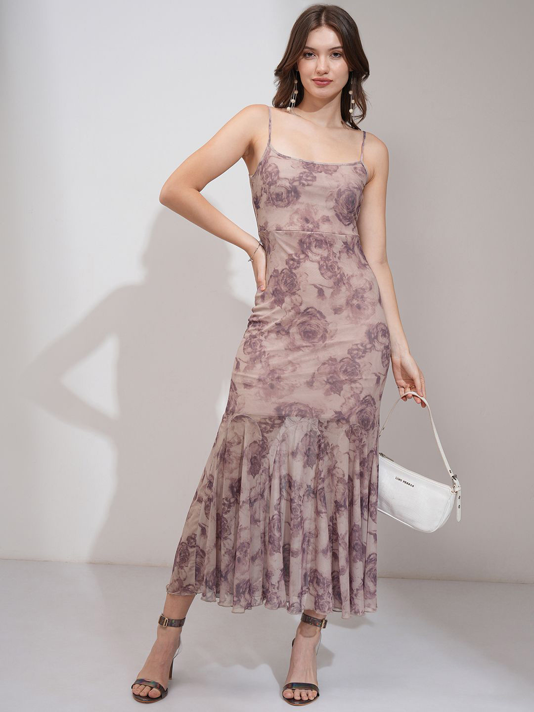 

Tokyo Talkies Women Mesh Printed Maxi Dress, Grey