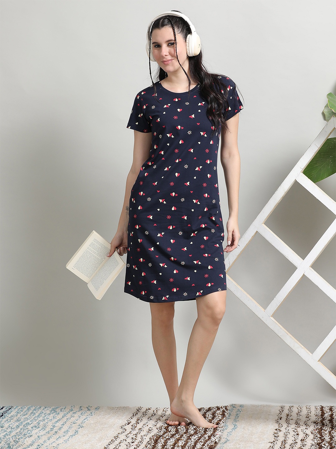 

9shines Label Plus Size Floral Printed Pure Cotton T-shirt Nightdress, Navy blue