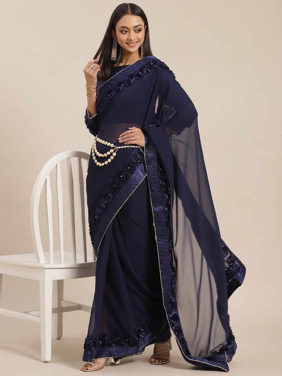 

DIVASTRI Beads and Stones Saree, Navy blue