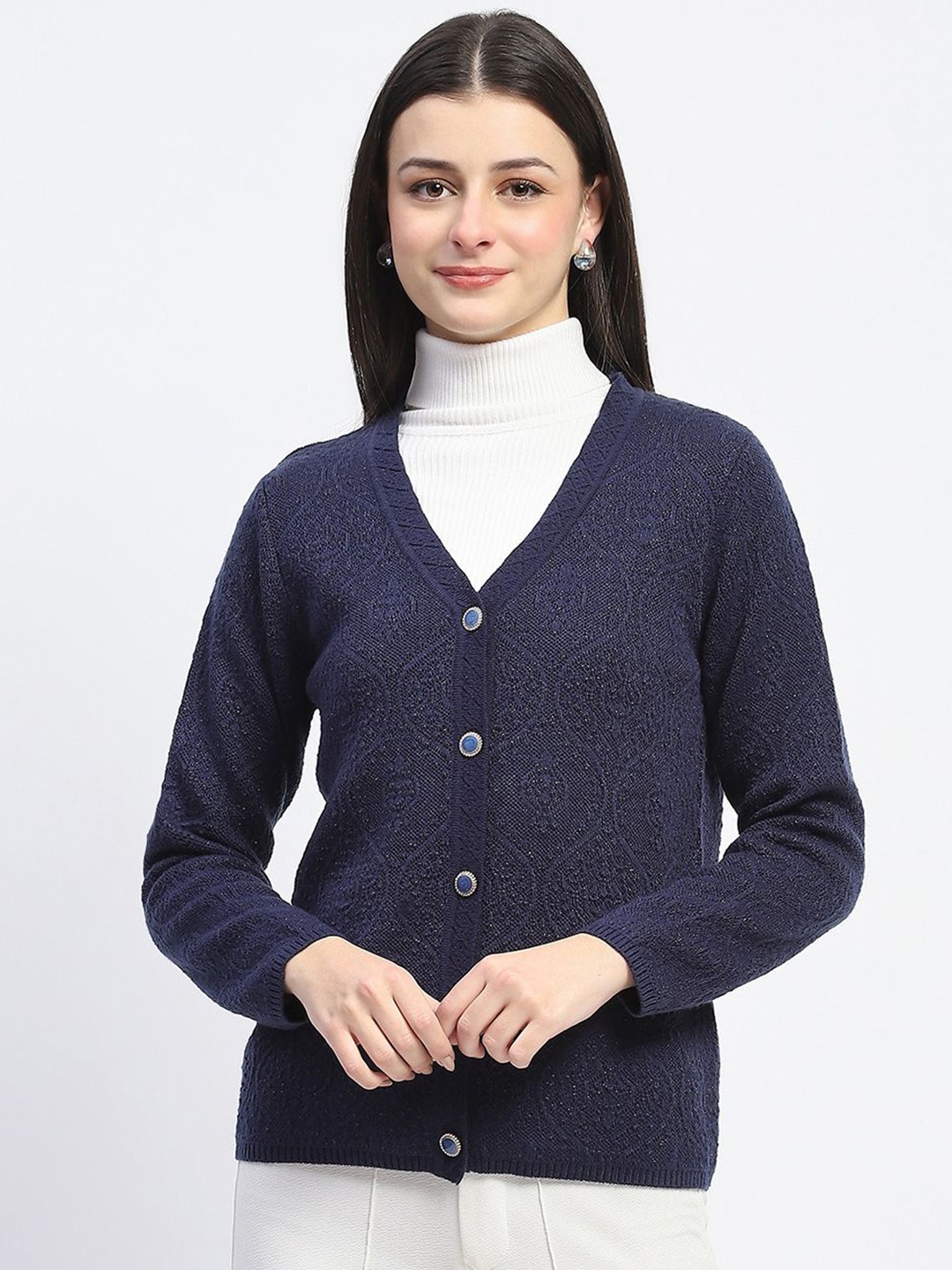 

Madame Women Fashion Self Design Cardigan Sweaters, Navy blue