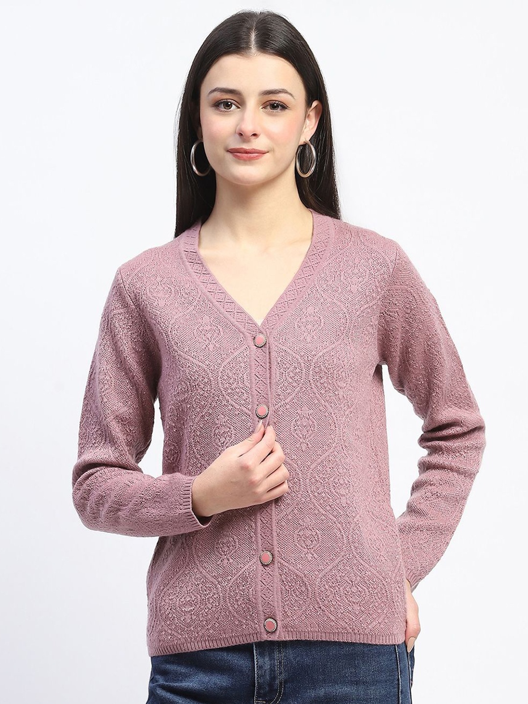 

Madame Women Fashion Self Design Cardigan Sweaters, Pink