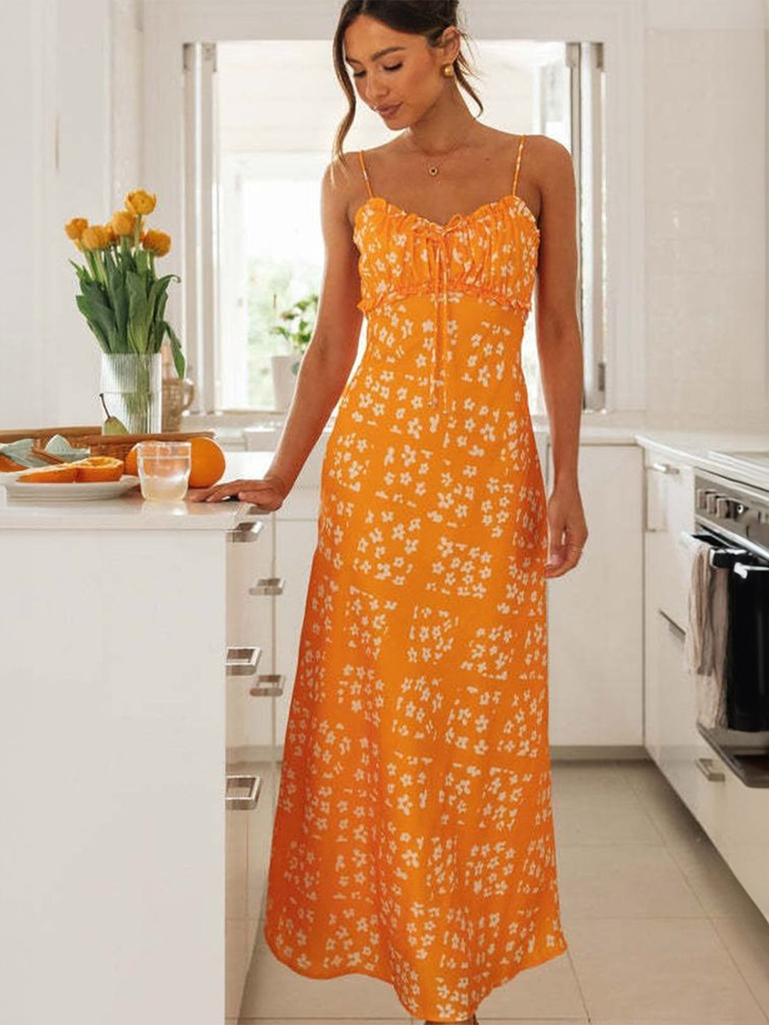 

LULU & SKY Women Floral Printed A-Line Midi Dress, Orange