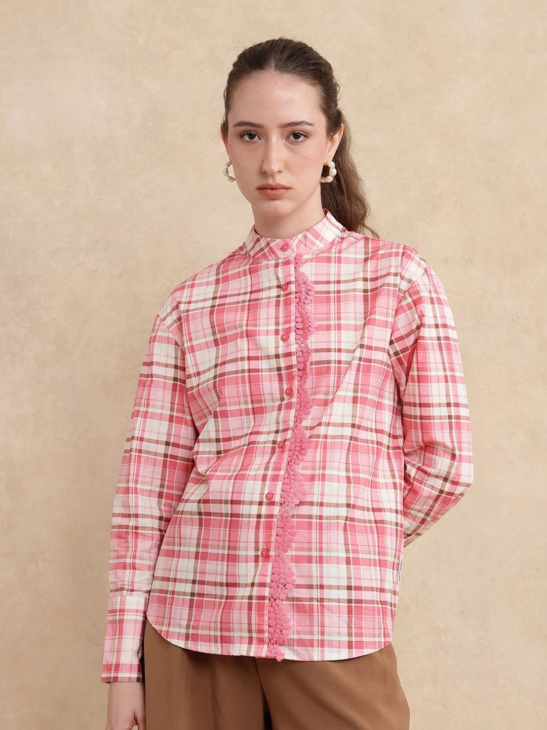 

RAREISM Women Band Collar Tartan Checked Cotton Casual Shirt, Pink