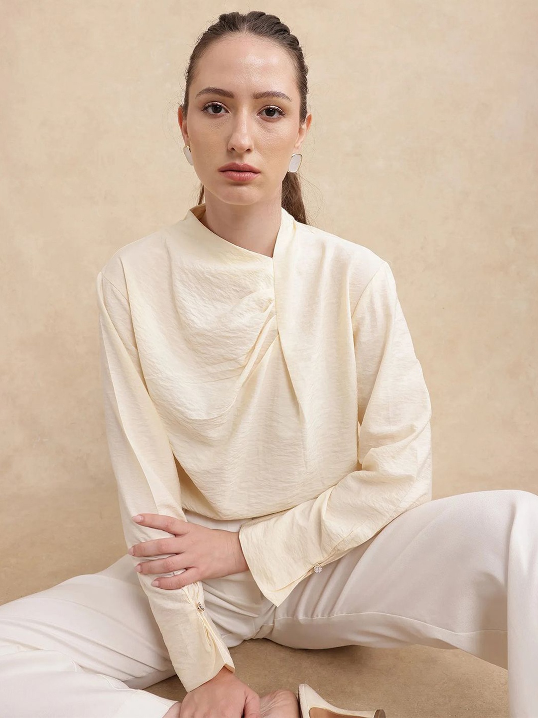 

RAREISM Women Solid Round Neck Top, Cream