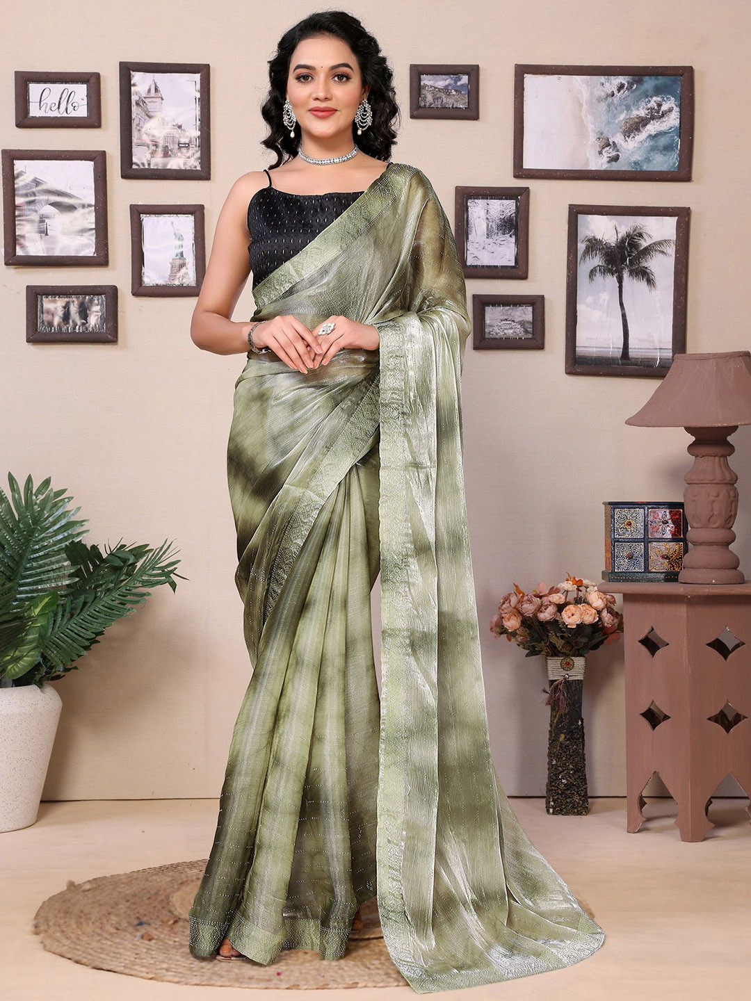 

Ekta Textiles Embellished Beads and Stones Satin Ready to Wear Saree, Green