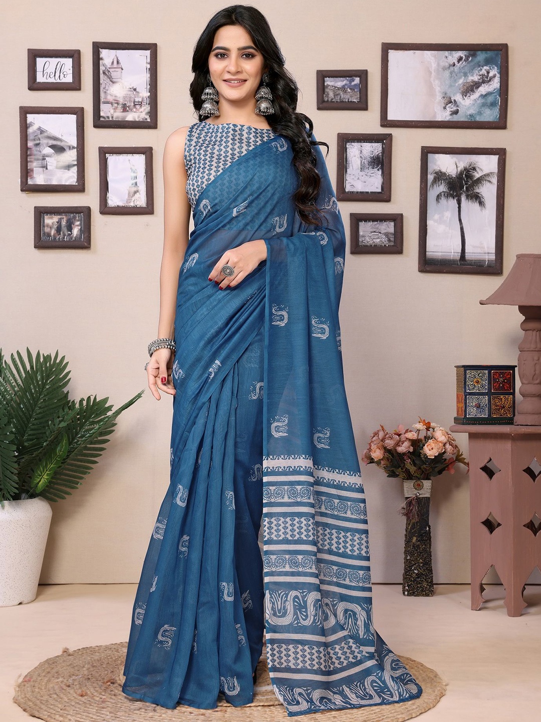 

Ekta Textiles Printed Pure Cotton Ready to Wear Saree, Blue