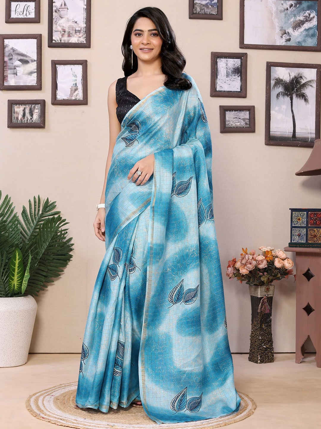 

Ekta Textiles Printed Ready to Wear Saree, Turquoise blue