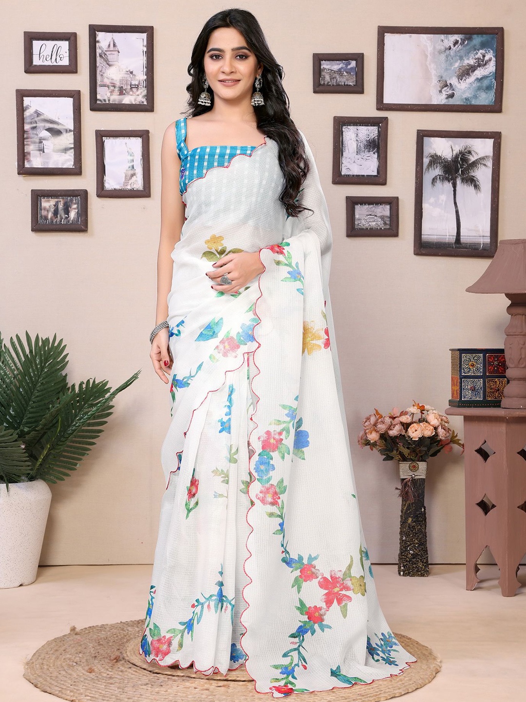 

Ekta Textiles Floral Printed Ready to Wear Kota Saree, White