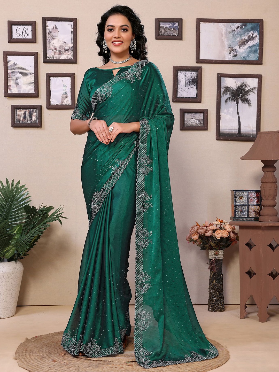 

Ekta Textiles Embellished Beads and Stones Pure Georgette Ready To Wear Saree, Green