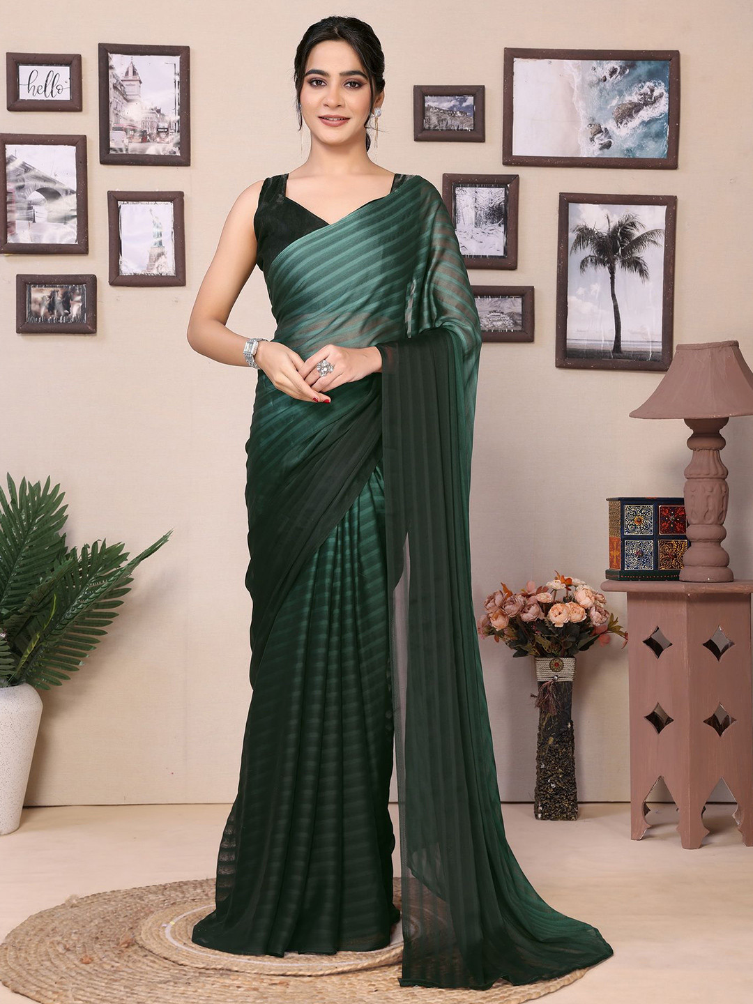 

Ekta Textiles Striped Satin Ready to Wear Saree, Sea green