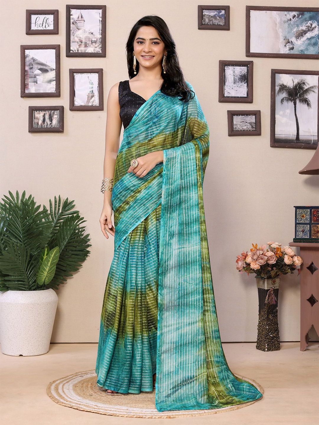 

Ekta Textiles Striped Pure Georgette Ready to Wear Saree, Turquoise blue