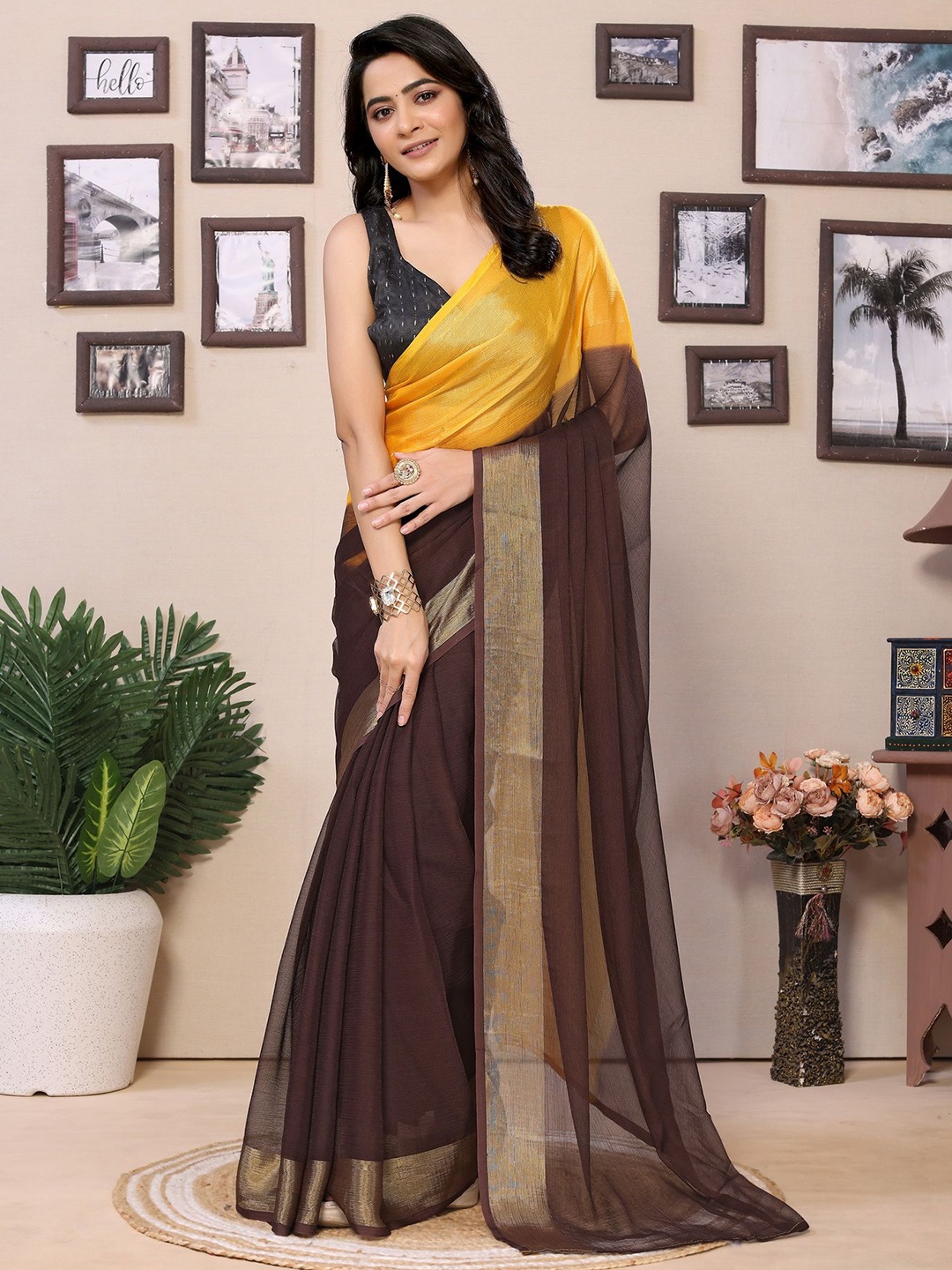 

Ekta Textiles Colourblocked Pure Chiffon Ready to Wear Saree, Yellow