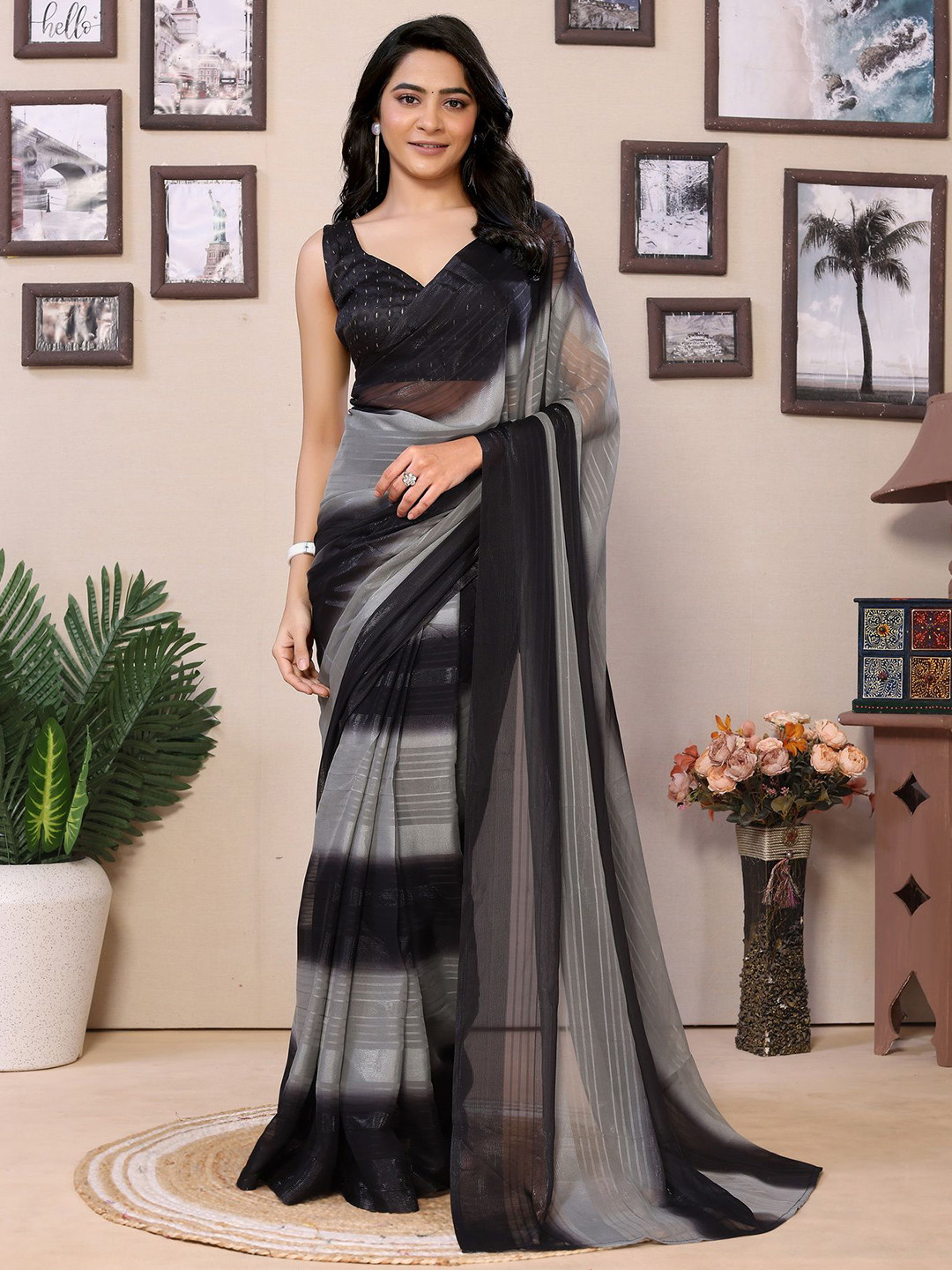 

Ekta Textiles Pure Georgette Ready to Wear Saree, Black