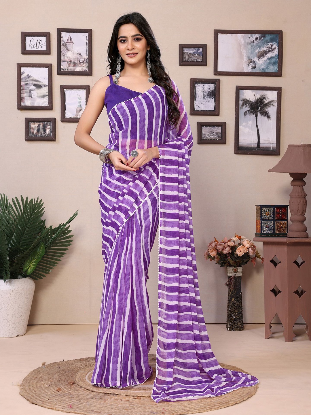 

Ekta Textiles Leheriya Printed Pure Georgette Ready to Wear Saree, Purple