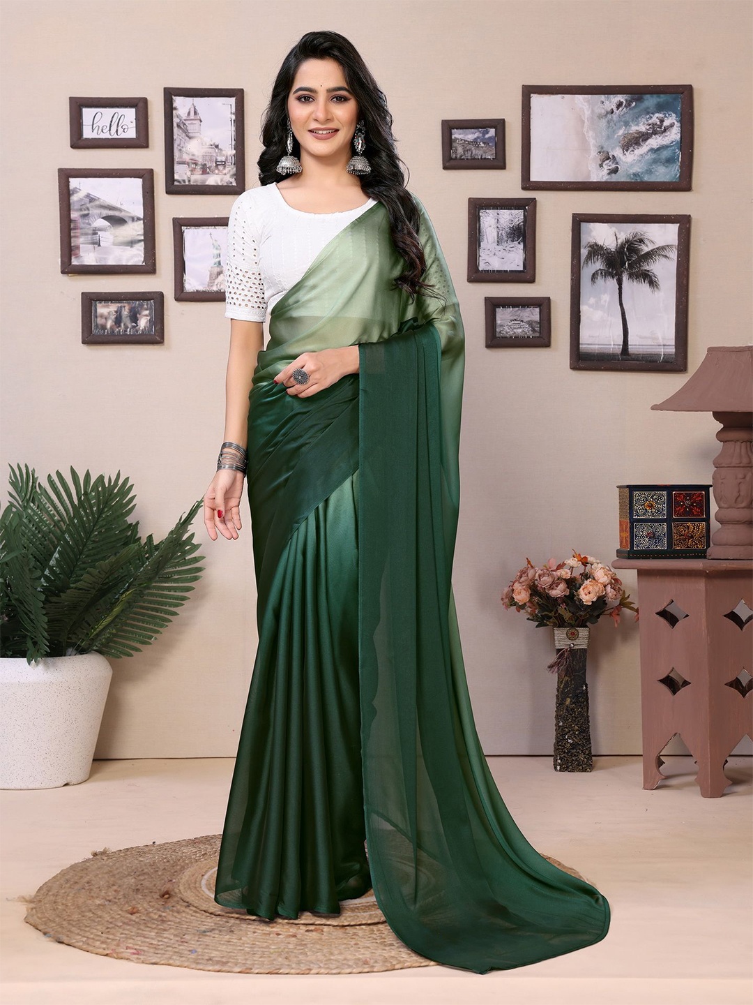 

Ekta Textiles Ombre Satin Ready to Wear Saree, Green