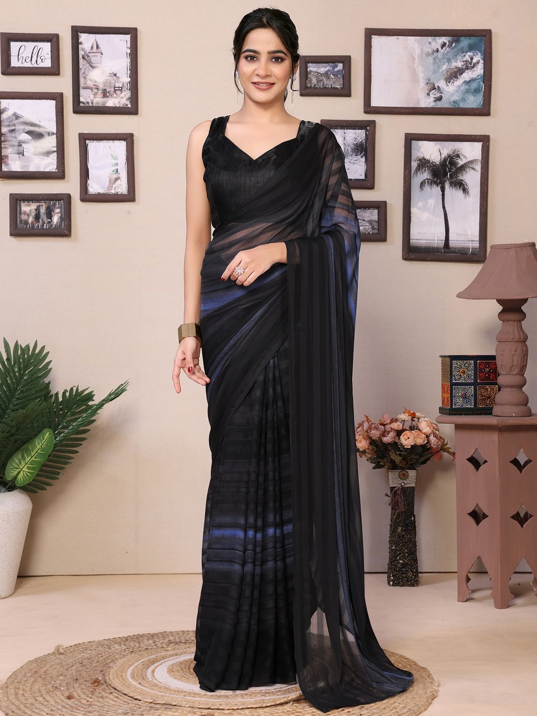 

Ekta Textiles Striped Satin Ready to Wear Saree, Black