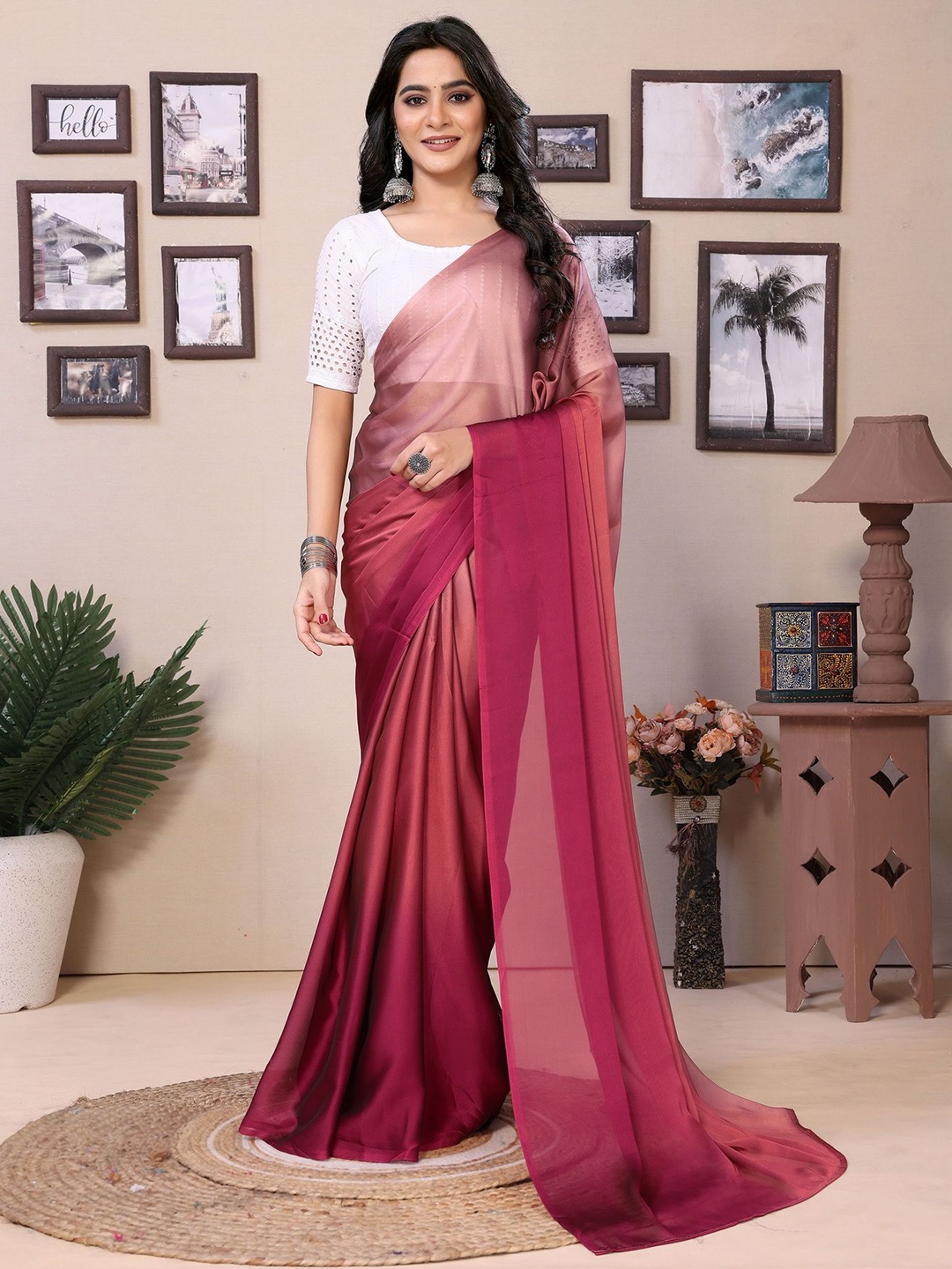 

Ekta Textiles Ombre Satin Ready to Wear Saree, Pink