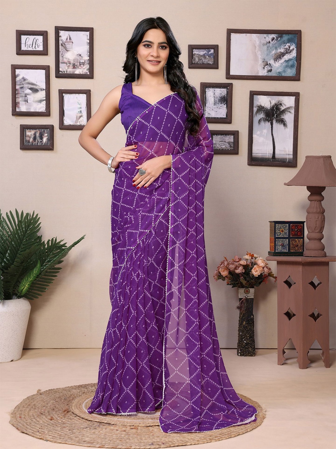 

Ekta Textiles Bandhani Pure Georgette Ready to Wear Bandhani Saree, Purple