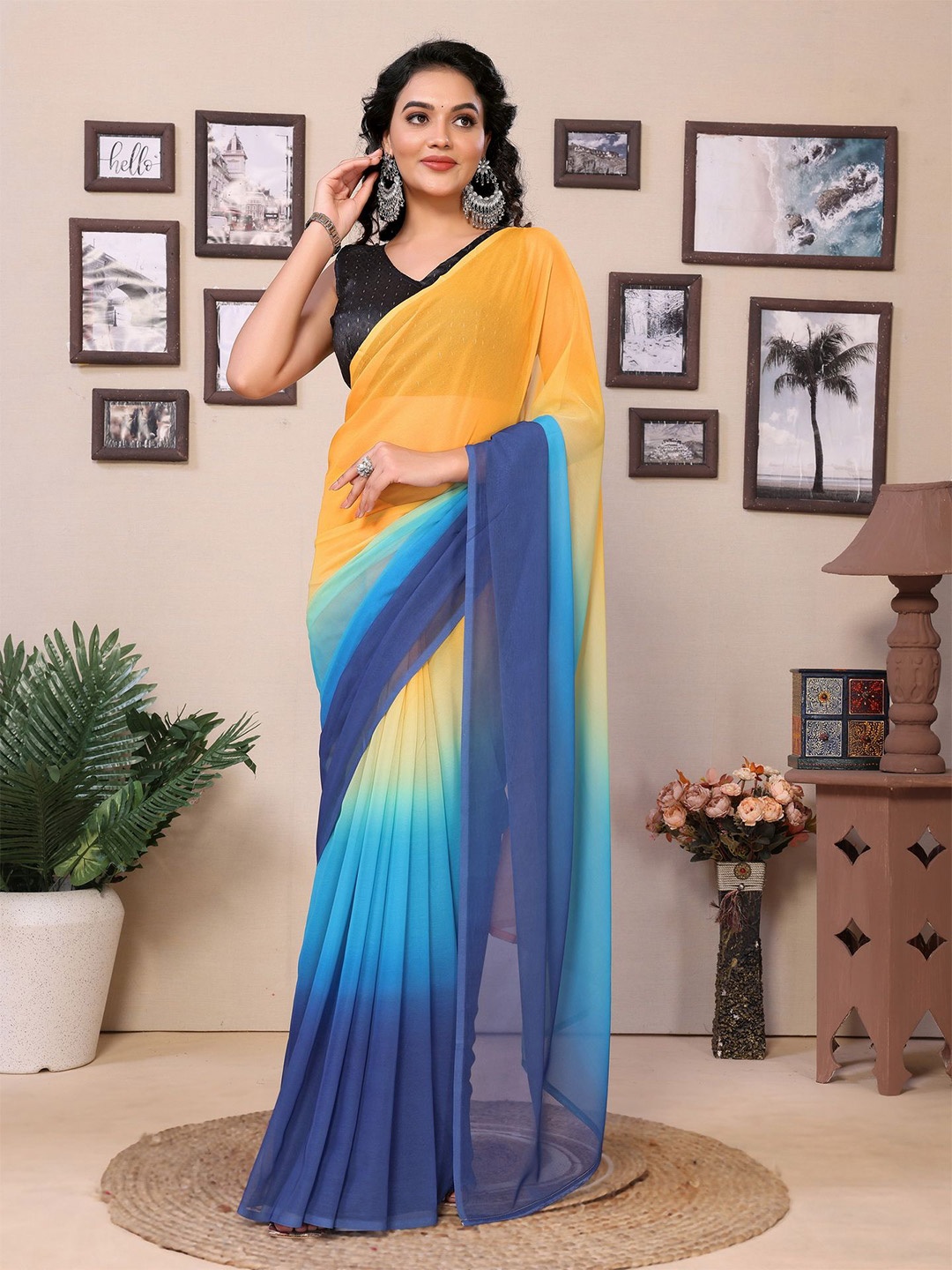 

Ekta Textiles Ombre Pure Georgette Ready to Wear Saree, Yellow