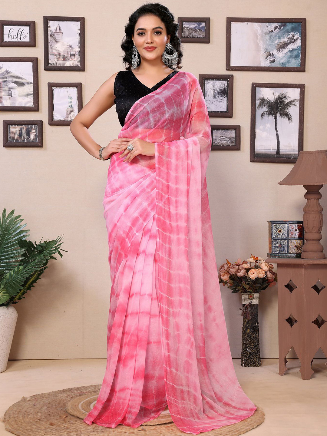 

Ekta Textiles Tie and Dye Pure Georgette Ready to Wear Saree, Pink