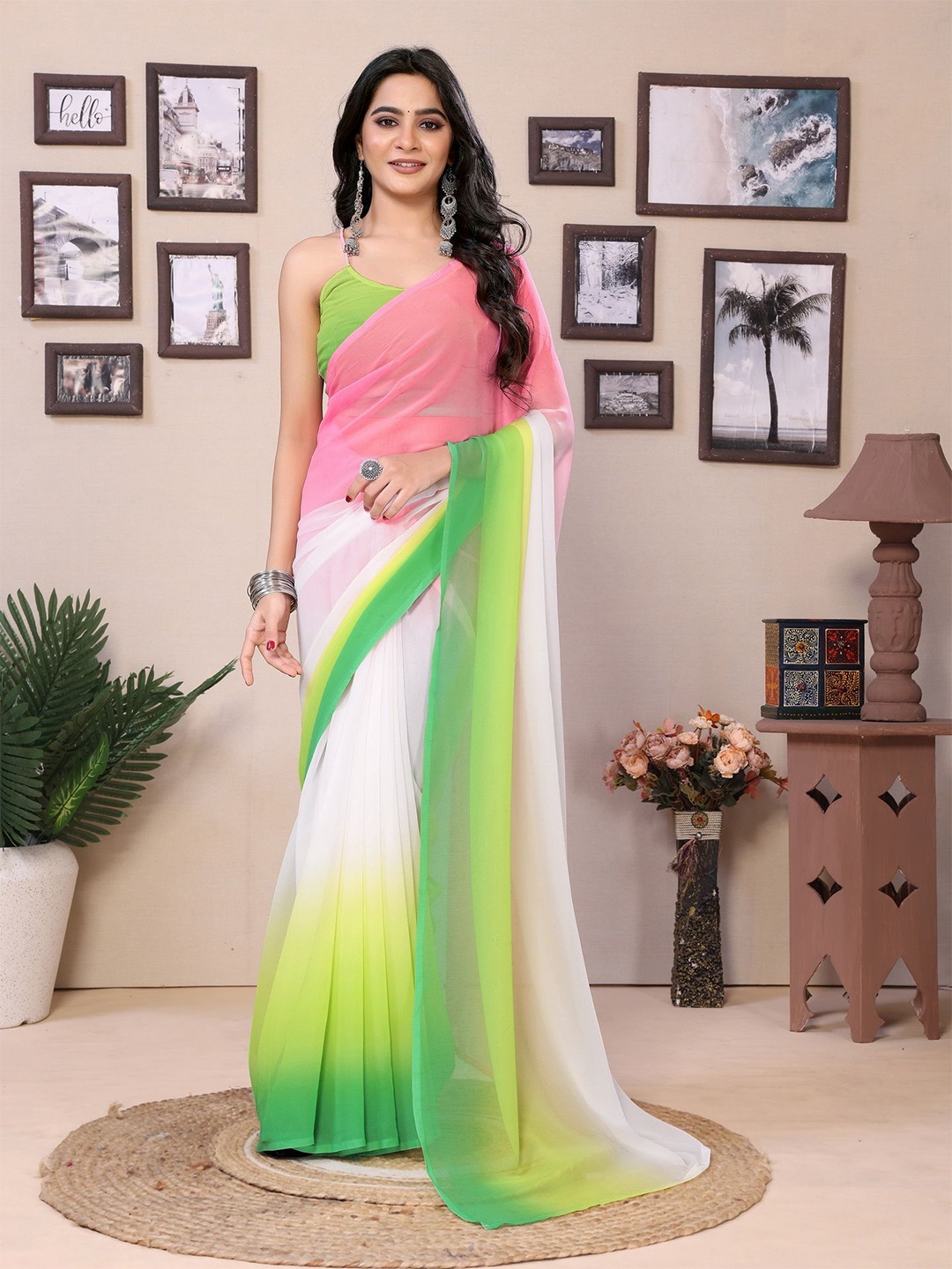 

Ekta Textiles Ombre Pure Georgette Holi Ready to Wear Saree, Green