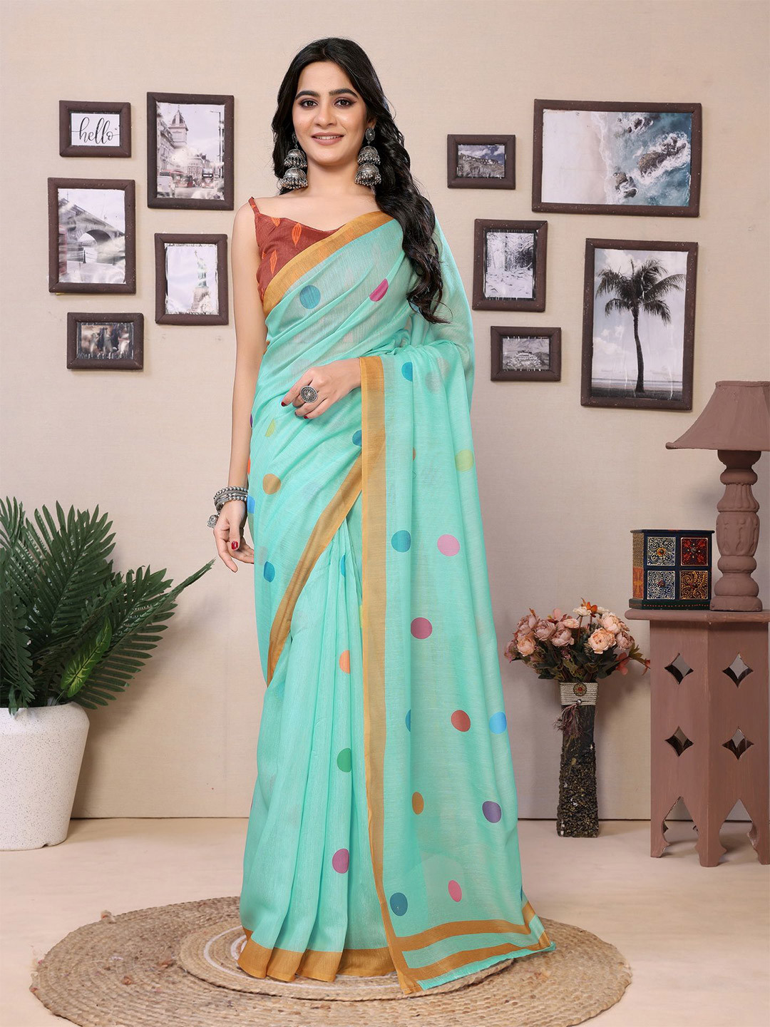 

Ekta Textiles Printed Pure Cotton Ready to Wear Saree, Turquoise blue