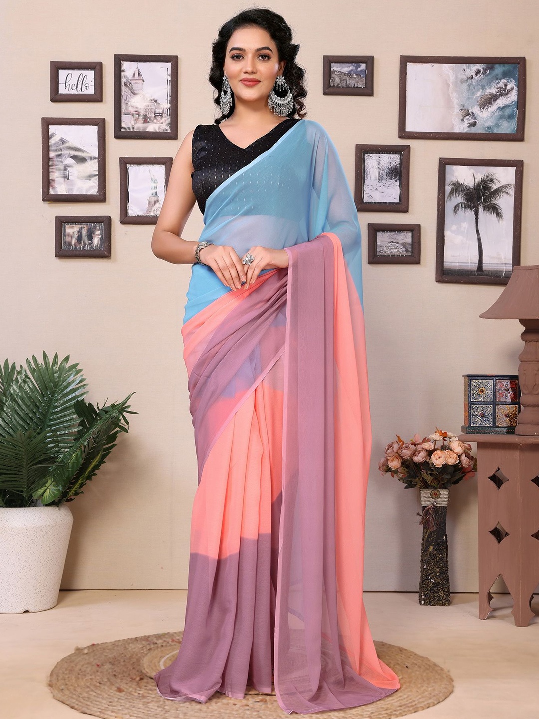 

Ekta Textiles Ombre Pure Georgette Ready to Wear Saree, Peach